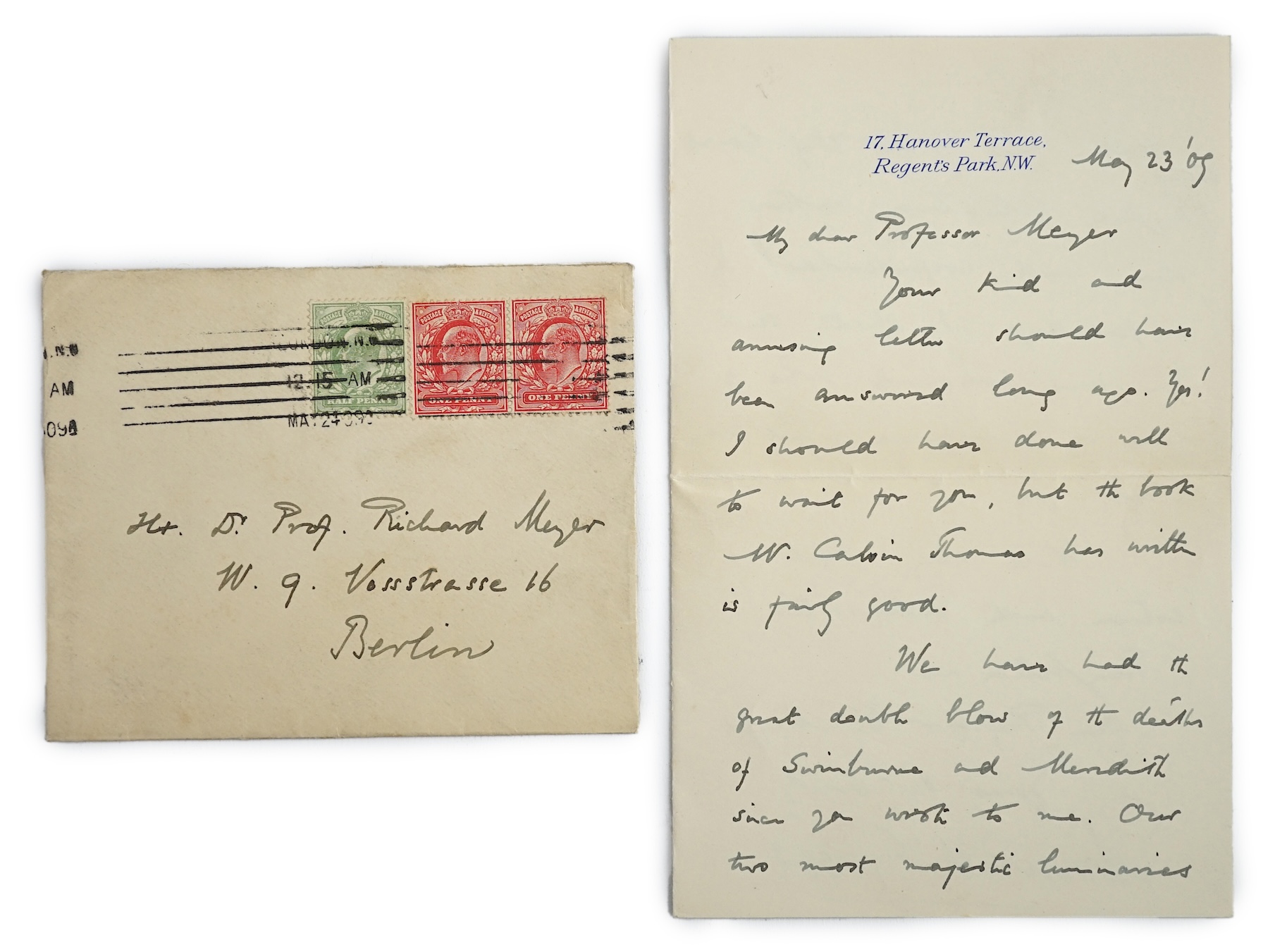 Edmund Gosse (1849-1928). Handwritten letter with full signature, to a Professor Richard Meyer, 23 May 1909. Discusses the “double blow” of the recent deaths of “our two most majestic luminaries”